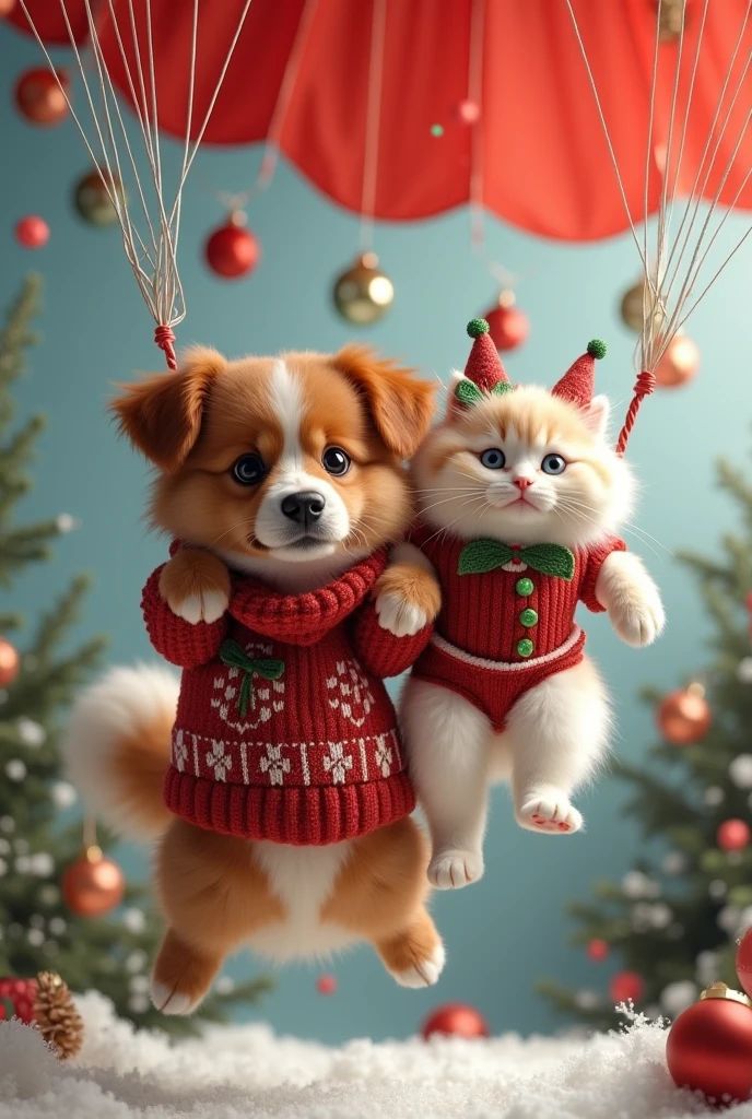 two dogs and a cat are dressed up in christmas sweaters while flying through the air