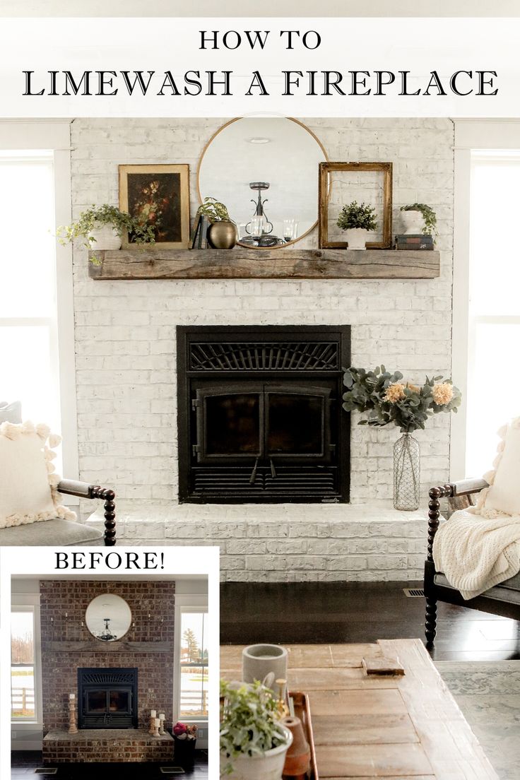 a living room filled with furniture and a fire place next to a brick fireplace covered in white paint