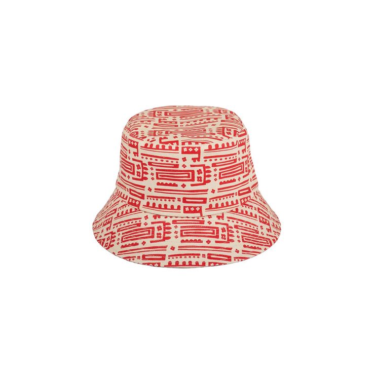 Made from 100% cotton canvas, this fun addition to our bucket hat collection features a custom red and off-white print. Easy to wear with a shorter brim length than previous cotton canvas styles, this piece is the ultimate addition to any sun-safe look. Trendy Cotton Sun Hat With Flat Brim, Retro Red Summer Hats, Vintage Cotton Bucket Hat For Summer, White Canvas Summer Hat, Casual Red Sun Hat For Festival, Vintage Cotton Sun Hat For Summer, Retro Cotton Bucket Hat For Summer, Summer Canvas Bucket Hat With Flat Brim, Retro Cotton Hat For Vacation