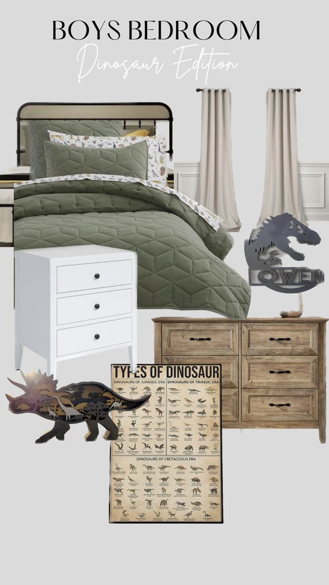 the bedroom is decorated in neutral colors and features dinosaur decor, including an animal bedding set