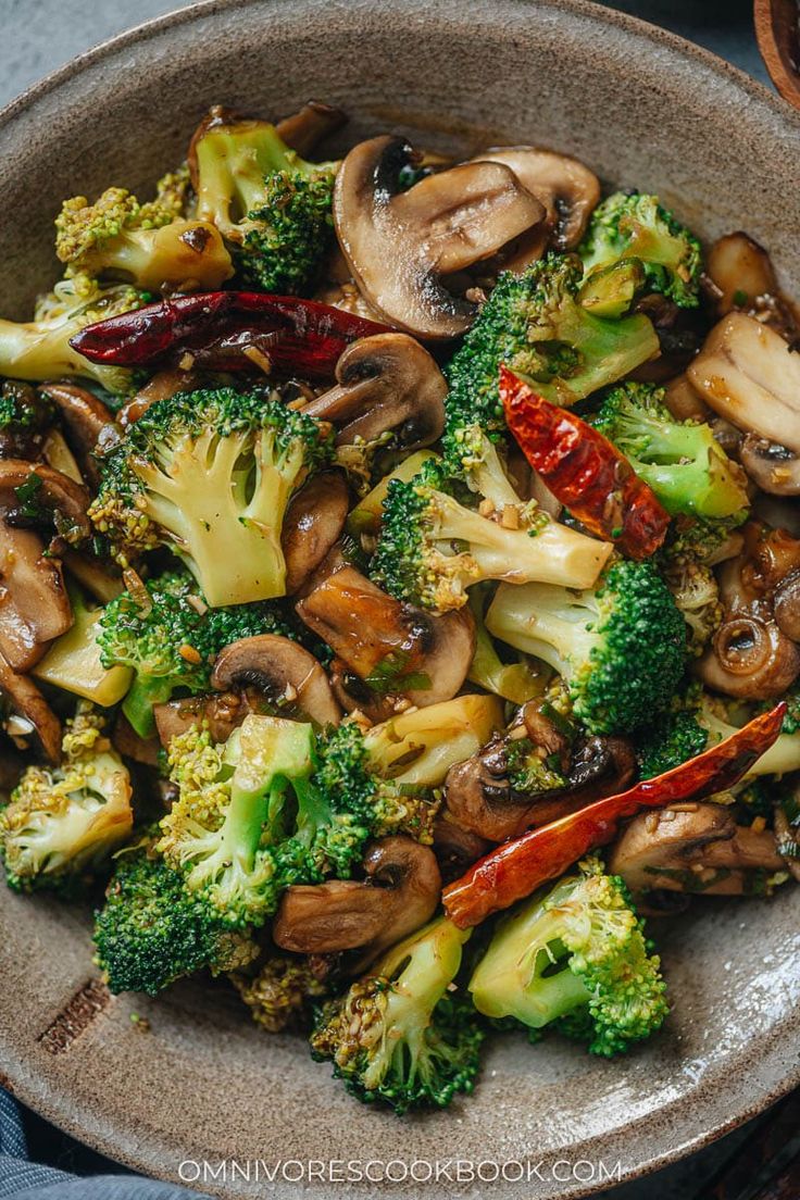 broccoli, peppers and mushrooms in a bowl