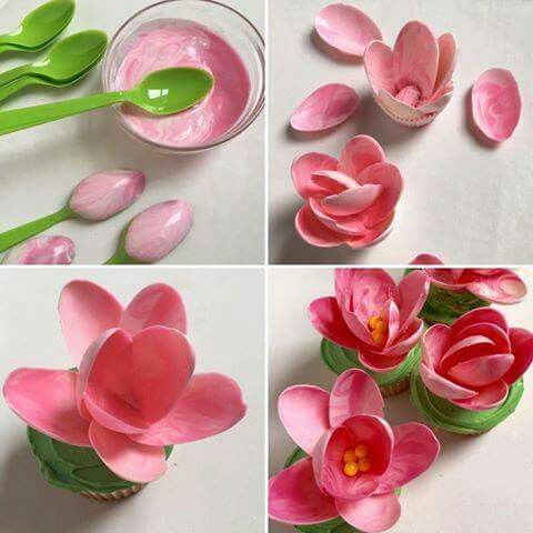 pink flowers and green plastic spoons are arranged in four different ways to make them look like they have petals