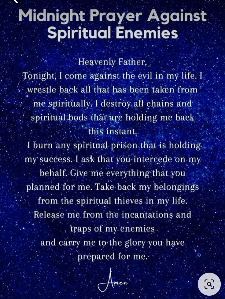 a poem written in blue with the words midnight prayer against spirital energies