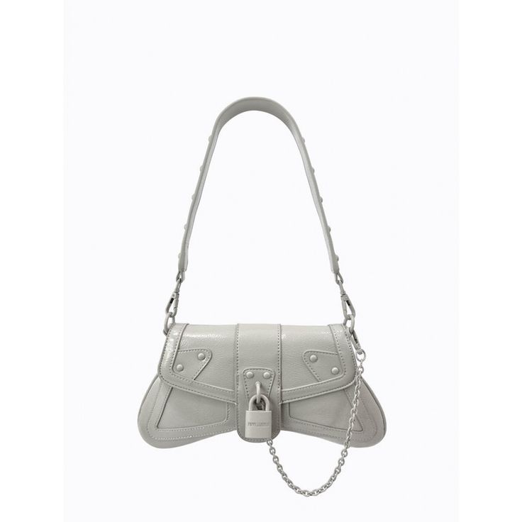 This Y2K-inspired shoulder bag is made from high quality grey crinkle patent faux leather. It features matching powder-coated stud embellishments, custom Poppy Lissiman designed lock and chain hardware. The detachable shoulder strap allows the bag to double as a clutch. Measurements: Height at centre: 12.5cm Height at longest point: 15cm Opening width: 20cm Width at widest point: 32cm Drop: 25cm Trendy Shoulder Bag With Branded Hardware For Party, Trendy Gray Evening Shoulder Bag, Trendy Party Shoulder Bag With Branded Hardware, Chic Gray Shoulder Bag With Branded Hardware, Evening Gray Shoulder Bag With Gunmetal Hardware, Poppy Lissiman, Powder Coated, Mist, Merlin