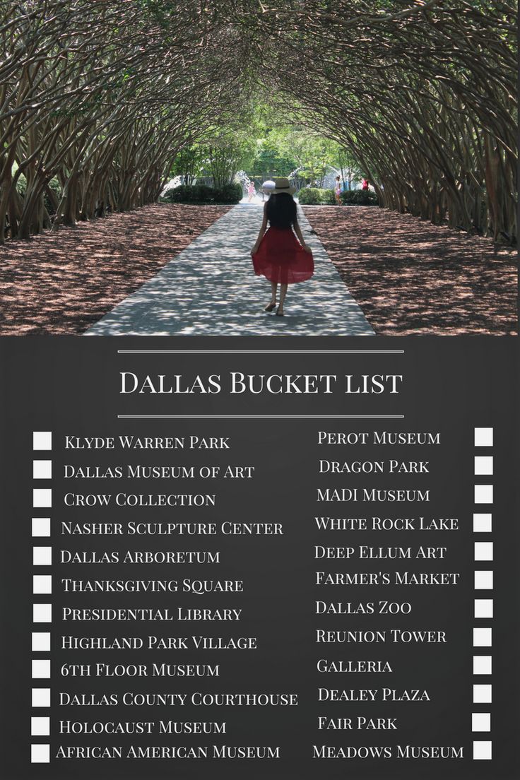 the dallas bucket list is shown in black and white, with trees lining the walkway