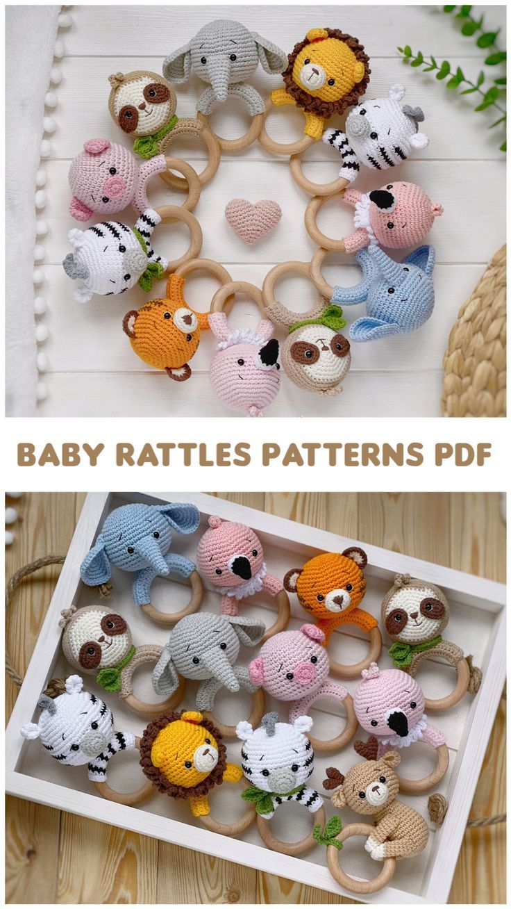 the baby rattles patterns are made with crochet and knitted together to look like animals