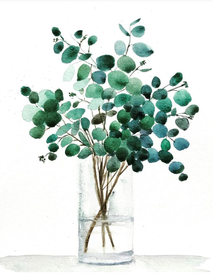 a watercolor painting of green leaves in a vase