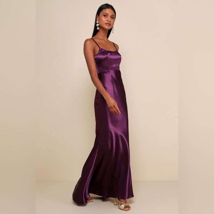 Lulus Make You Shine Dark Purple Satin Mermaid Maxi Dress Bought And Missed Return Date ! Perfect For Black Tie Wedding Purple Slip Dress, Mermaid Maxi Dress, Purple Satin, Black Tie Wedding, Lulu Dresses, Dark Purple, Black Tie, Eggplant, Slip Dress