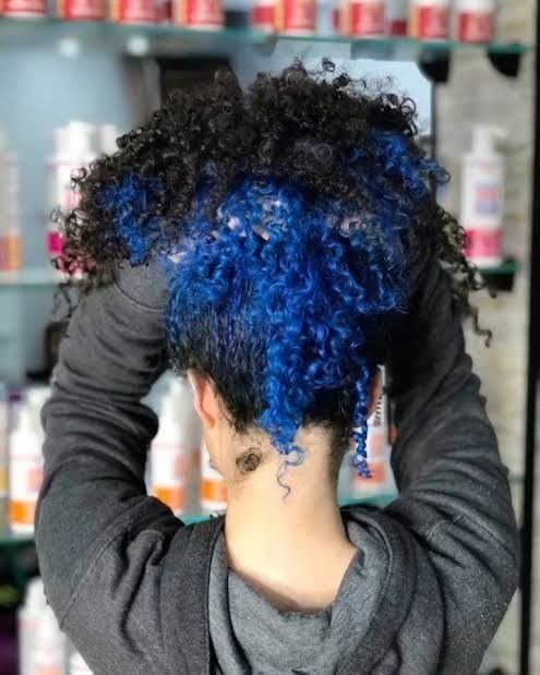 Dyed Curly Hair Ideas Colour Blue, Braids With Color Underneath, Dark Blue Curly Hair, Blue Skunk Stripe Hair, Curly Hair Under Dye, Under Dyed Hair Curly, Dyed Underlayer Curly Hair, Underdye Hair Curly, Peekaboo Hair Color Curly