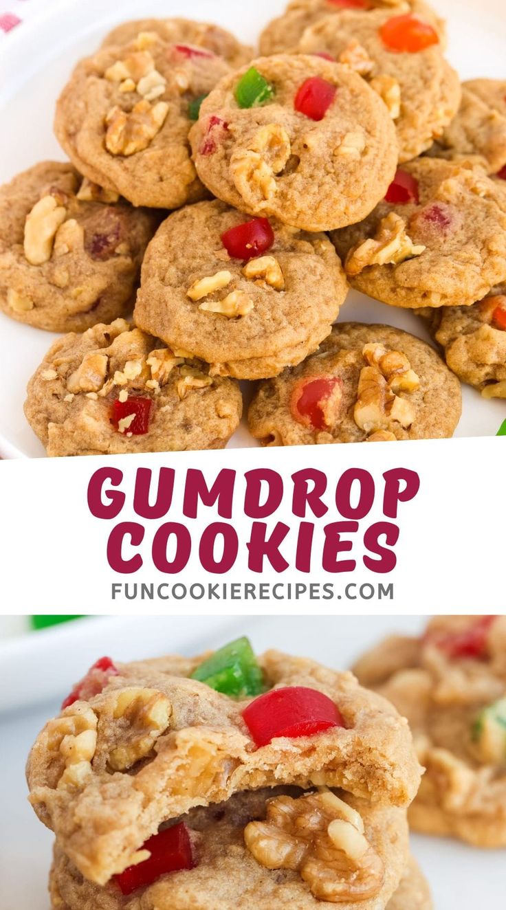 some cookies are stacked on top of each other with the words gumdrop cookies above them