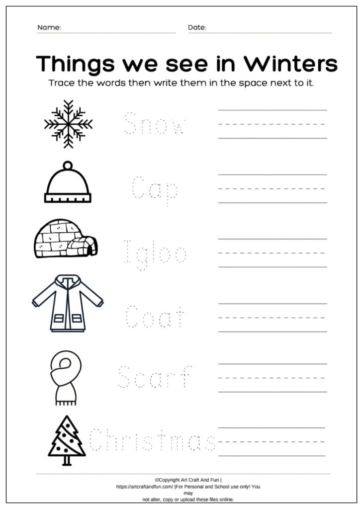 the worksheet for this winter writing practice sheet is filled with words and pictures