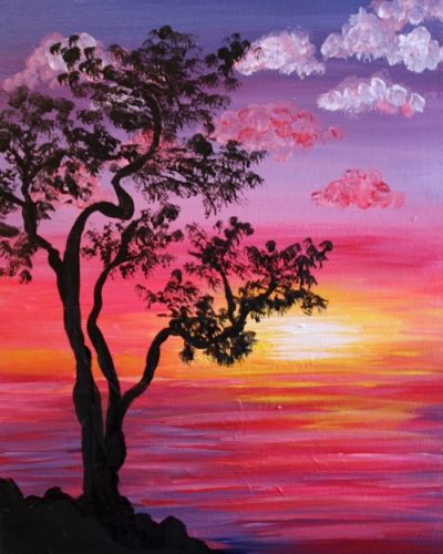 a painting of a sunset with trees on the shore and clouds in the sky above