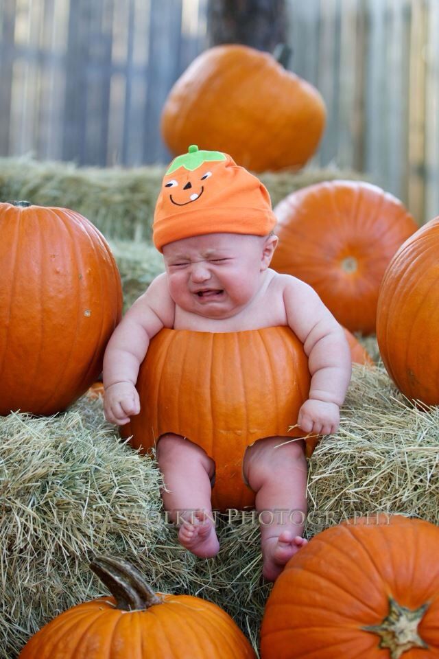 a baby is sitting in a pile of pumpkins