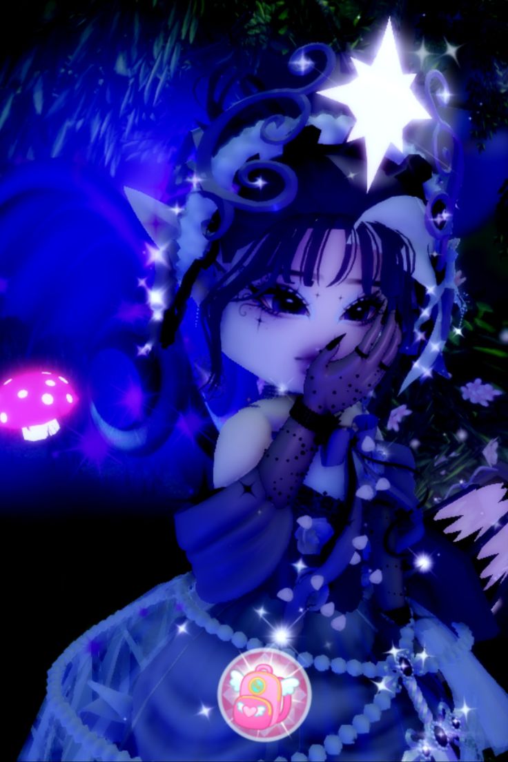 an animated image of a woman in blue dress with stars on her head and hands to her face