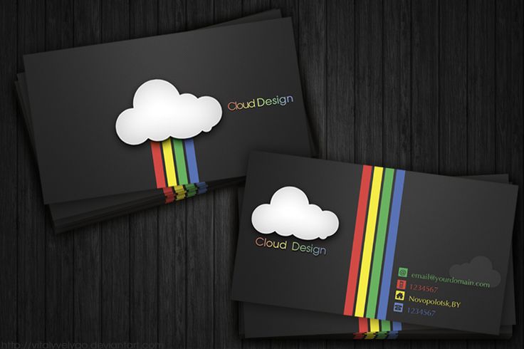 two business cards with clouds and rainbows on the front one is black, the other is white