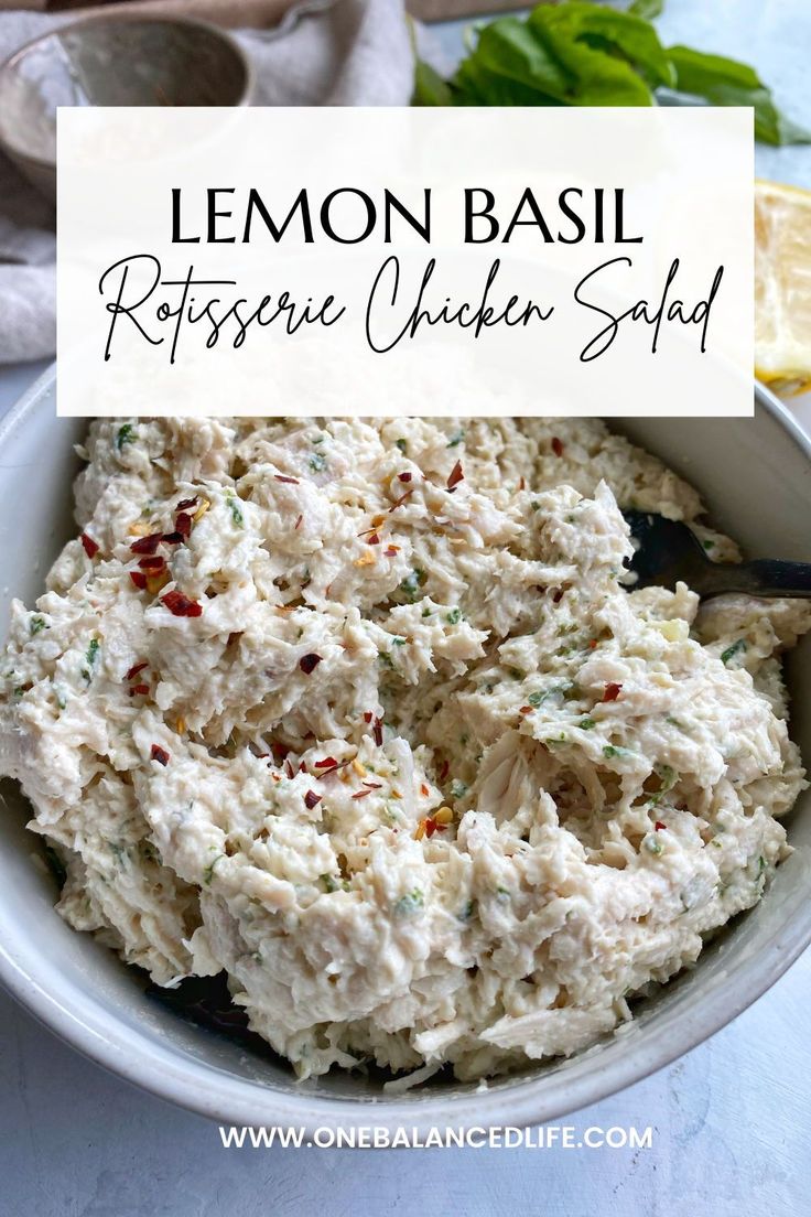 lemon basil chicken salad in a white bowl