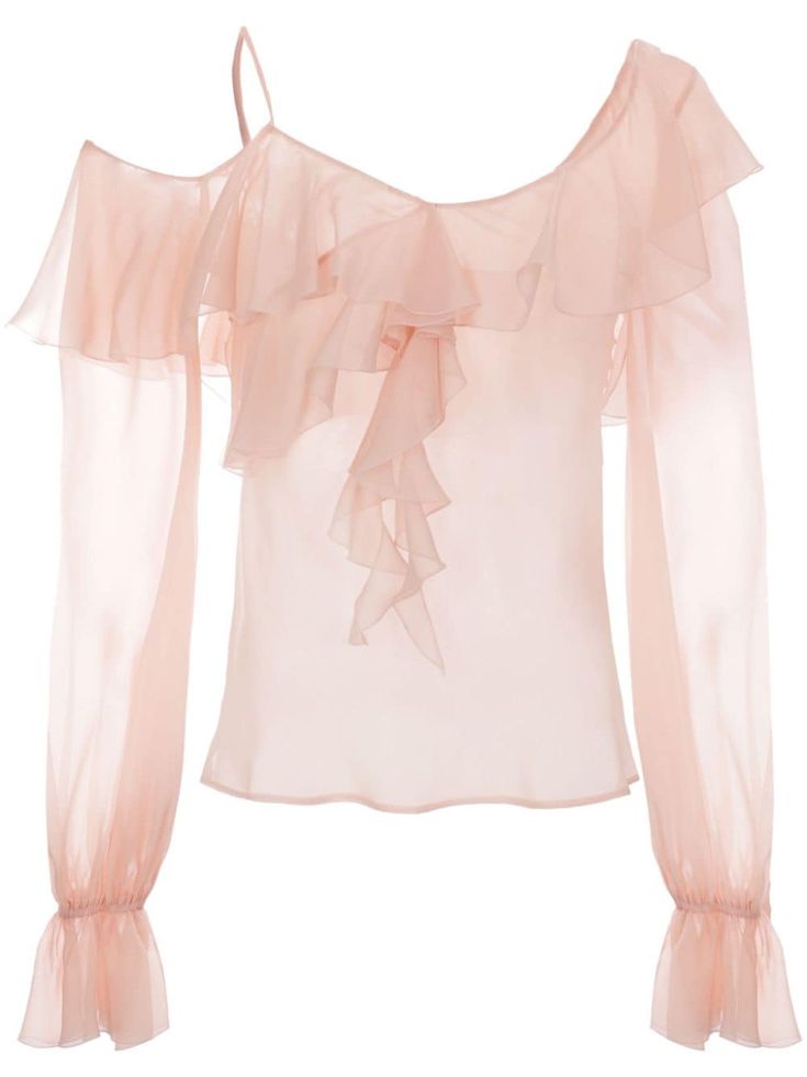 Blumarine Asymmetric-neck Silk Blouse 2024 Style, Georgette Blouse, City Dress, Long Puff Sleeves, Pink Blouse, Pink Silk, Summer 2024, Silk Blouse, Right Side