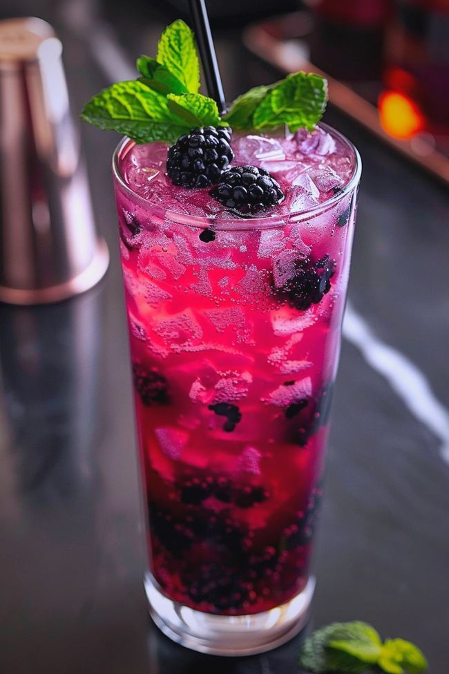 a drink with blackberry and mint garnish in a glass on a bar top