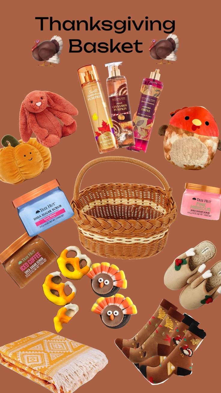 the thanksgiving basket is full of gifts and treats