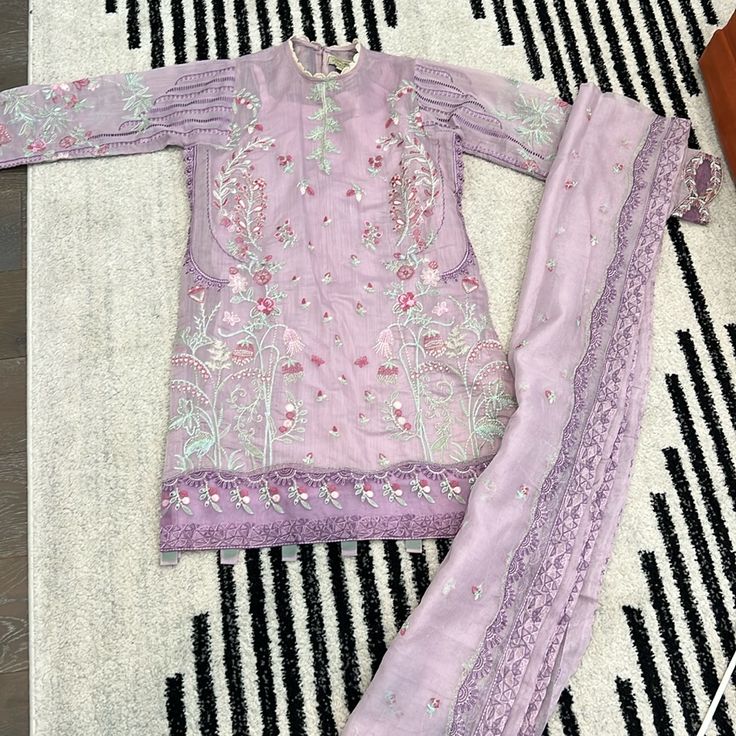 Beautiful Republic Womenswear Outfit In Size M. Comes With Slip, Shirt And Duppata. Traditional Purple Lawn Suit For Summer, Purple Silk Long Sleeve Salwar Kameez, Summer Silk Sets In Purple, Purple Silk Sets For Summer, Elegant Purple Lawn Suit For Spring, Spring Unstitched Purple Salwar Kameez, Spring Festive Purple Salwar Kameez, Purple Fitted Lawn Suit For Festive Occasions, Festive Fitted Purple Lawn Suit