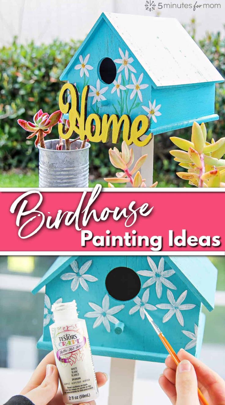 someone is painting the birdhouse with flowers on it and then using paint to decorate