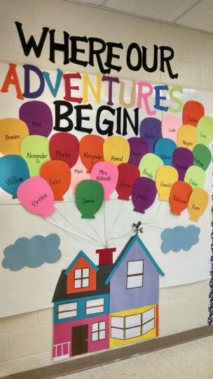 there is a bulletin board with balloons in the shape of houses and words that read, where our adventures begin