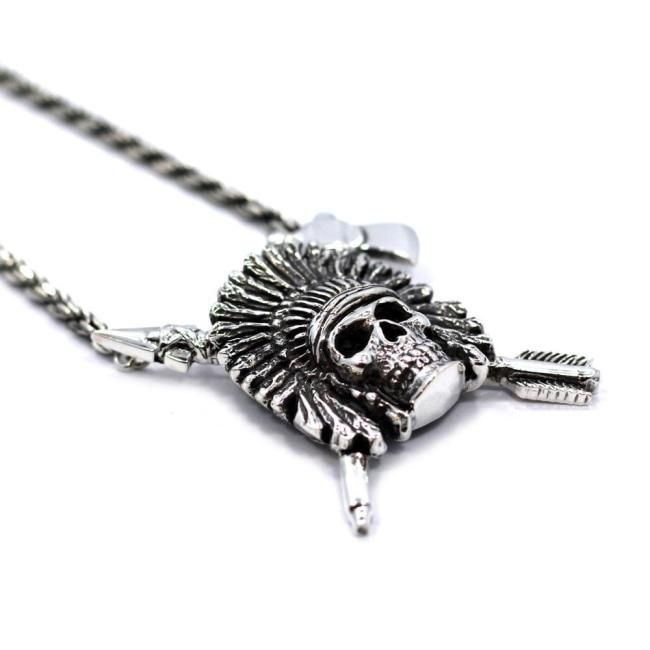 Inspired by my Native American heritage, This Indian Chief necklace leads the tribe. With his intricate detail solid antiquing, and infinite wisdom this ring stands out from all the rest. One of the first epic designs from Han Cholo and still is one of the most iconic pieces ever crafted. The Indian Chief Necklace features a detailed skull with an epic feather Indian chief headdress flaring out at the top with an arrow and a tomahawk behind it in an x shape. Handmade in Downtown Los Angeles out