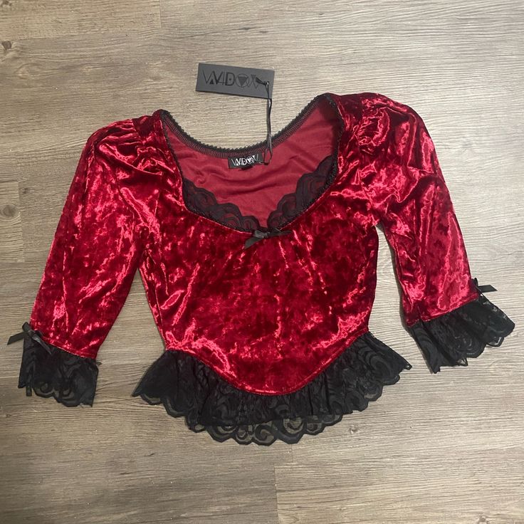 This Velvet Bustier Top Has A Cropped Fit, Lace Trim, Ribbon Tie Details, Puff Shoulders, And Half-Length Sleeves. Gothic Inspired Fashion, Wizard Fashion, Red Velvet Top, Victorian Gothic Style, Velvet Bustier, Gothic Tops, Outfit References, Fashion Boards, Dark Style