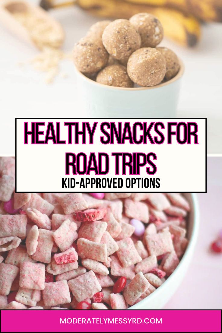 healthy snacks for road trips with text overlay