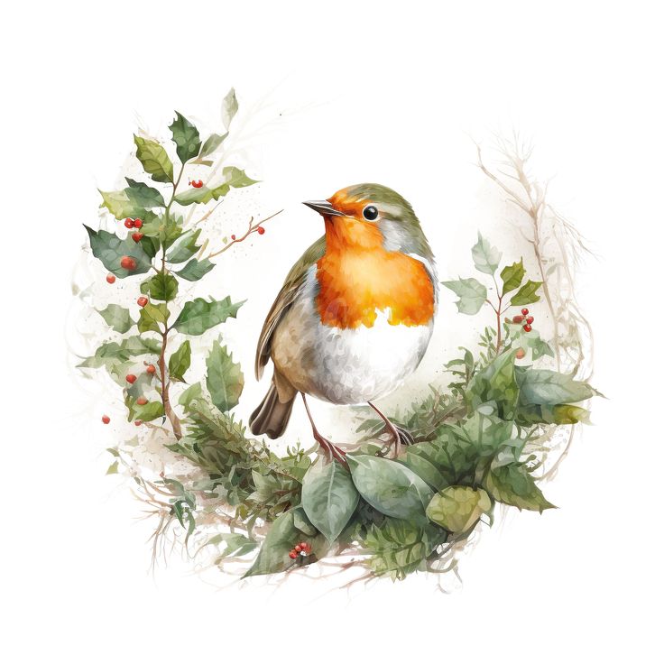 a watercolor painting of a bird on a wreath