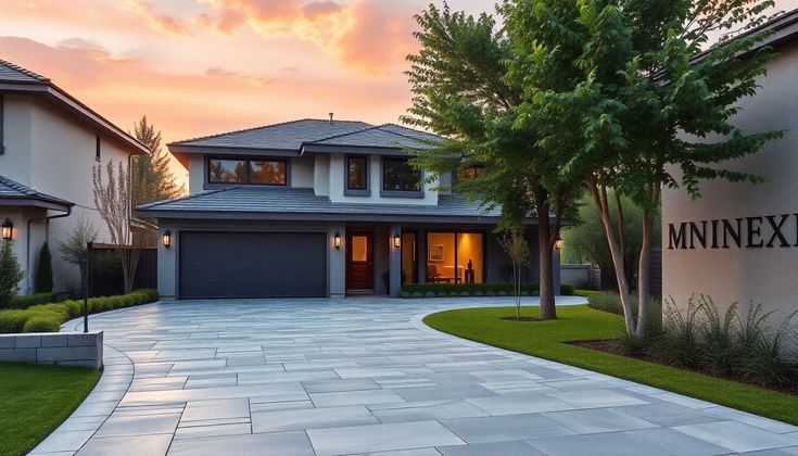 the front entrance to a home with landscaping and trees in front of it at sunset