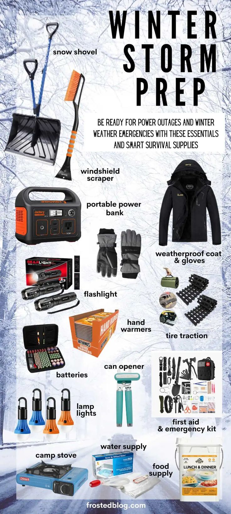 an advertisement for the winter storm prep program with snow equipment and tools on it,