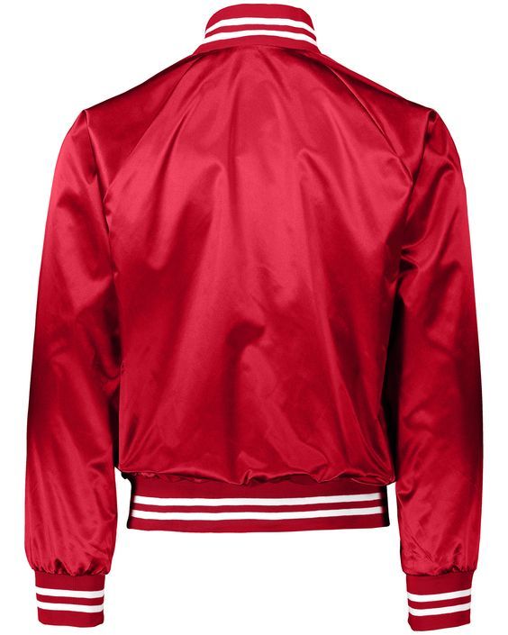 Unisex Striped Trim Satin Baseball Jacket - RED/ WHITE - S | Augusta Sportswear Striped Trim Satin Baseball Jacket in Red/White Size Small | Nylon Fitted Sportswear Outerwear With Ribbed Cuffs, Winter Gym Outerwear With Ribbed Cuffs, Fitted Sports Outerwear With Ribbed Cuffs, Varsity Sports Windbreaker With Ribbed Cuffs, Collegiate Track Jacket For Winter Sports, Sports Outerwear With Ribbed Cuffs For Sports Season, Sporty Nylon Varsity Jacket With Long Sleeves, Winter Sports Track Jacket With Ribbed Cuffs, Ribbed Cuffs Outerwear For Sports Events