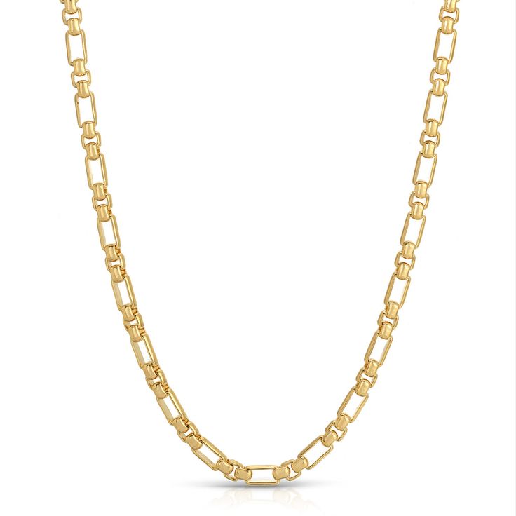 POWER CHAIN NECKLACE Figaro Chain Link Necklace For Layering, Layering Figaro Chain Necklace, Everyday Figaro Chain Necklace With Rectangular Links, Dainty Box Chain Link Necklace, Layering Cable Chain Link Necklace, Everyday Figaro Chain Link Necklace, Layering Cable Chain Necklace, Yellow Gold Chain Necklace With Rectangular Links For Layering, Layering Link Necklace With Box Chain