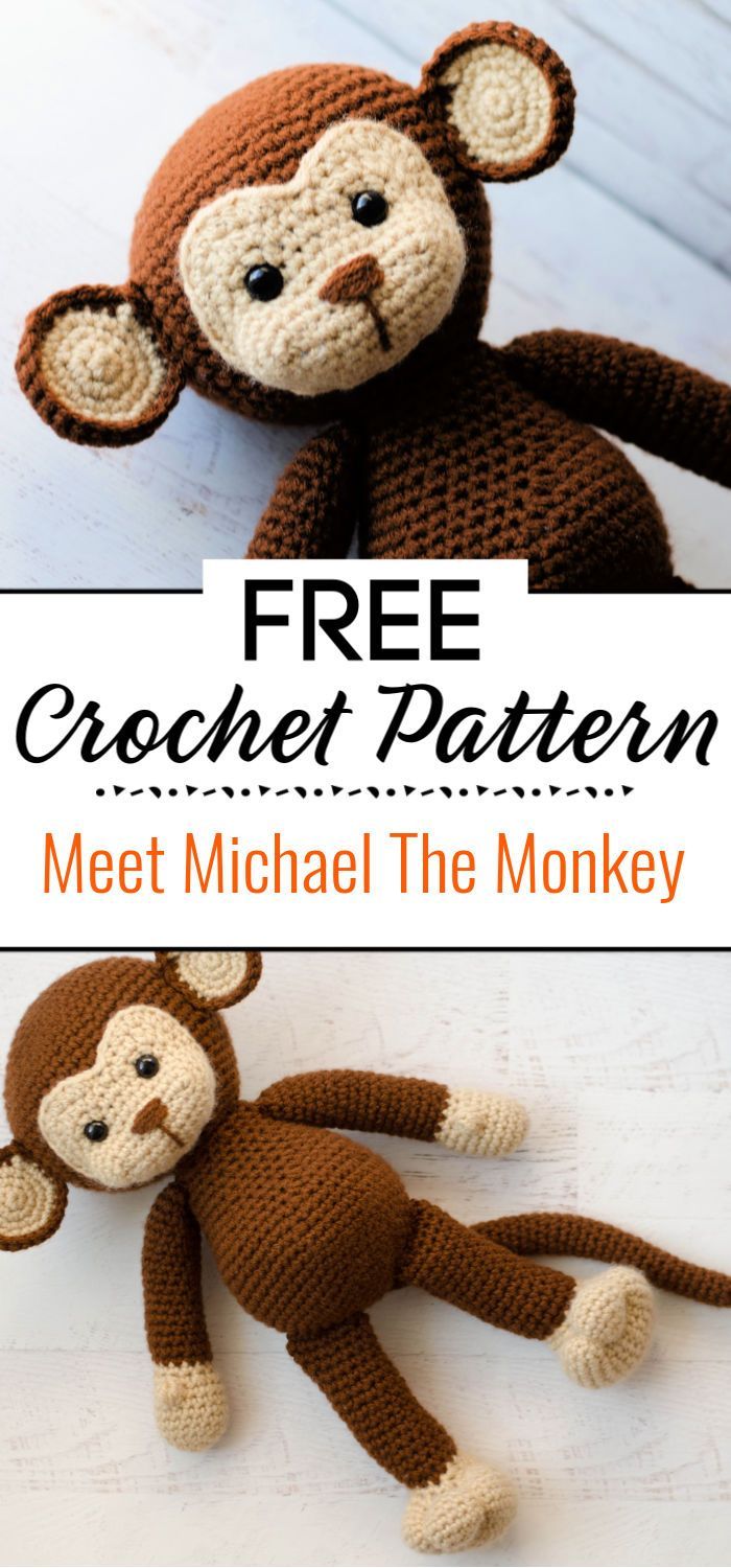 a crocheted monkey is sitting next to a stuffed monkey with the text, free crochet pattern meet michael the monkey