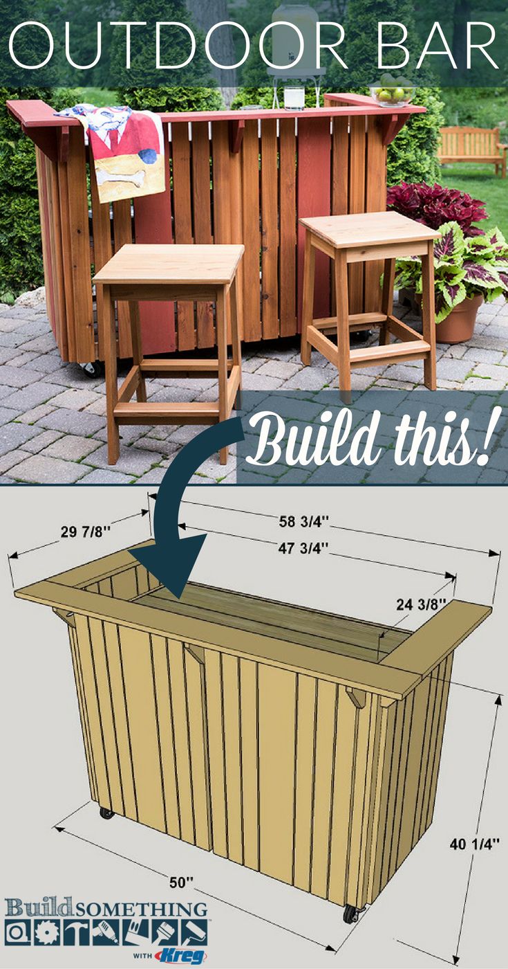 an outdoor bar with stools next to it and the measurements for each piece of furniture