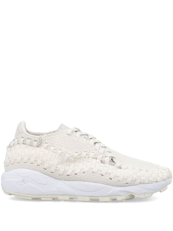 white interwoven design front lace-up fastening round toe cushioned midsole rubber sole Outdoor White Sole Lace-up Running Shoes, White Lace-up Sneakers With Woven Sole, White Moisture-wicking Sneakers With Round Toe, White Slip-on Sports Sneakers With Perforated Toe Box, White Perforated Lace-up Platform Sneakers, Iconic Bags, Demi Fine Jewelry, Flat Boots, Fine Earrings