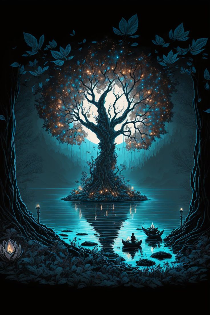 a painting of a tree in the middle of water with lights on it's branches