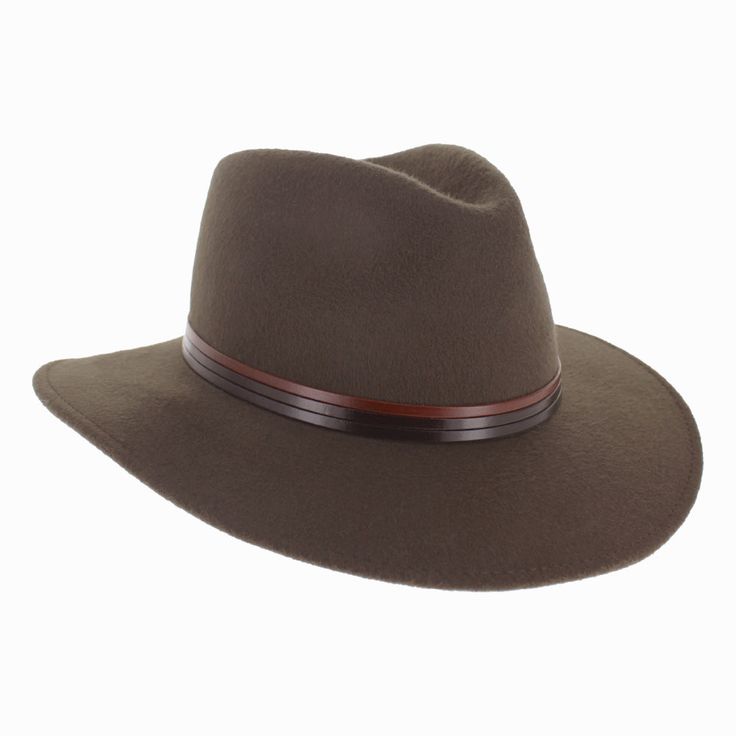 If you're the outdoorsy type and need protection from the elements, consider the Belfry Begnigno. Made of warm merino wool, this handsome safari style is soft, lightweight and durable, making it a perfect hat for travel as well as outdoor adventures. A sporty tri-tone leather band surrounds the teardrop crown and is finished with a brass buckle, and the wide down brim features a finished under welt edge. The Belfry Benigno is designed to last for years to come, whether trekking the country trail Pork Pie Hat, Hat Size Chart, Pork Pie, Dark Taupe, Safari Style, Cloche Hat, Measurement Tools, Brass Buckle, Felt Hat