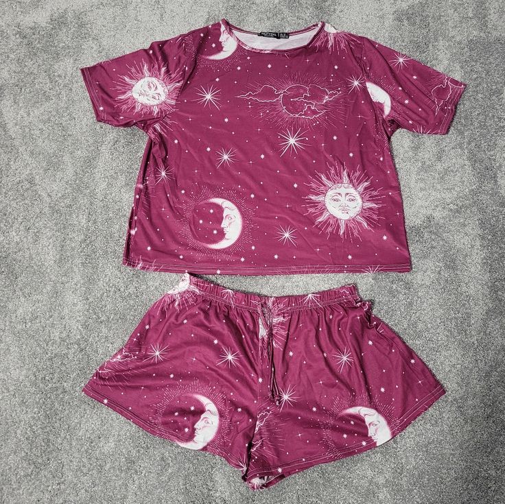 Brand New Never Worn Matching Pajama Set From Nasty Gal, Short Shorts And T-Shirt. Deep Berry Color With Celestial Design, Sun Moon And Stars. Comfy And Cute. Very Stretchy Summer Sleepwear Sets With Printed Details, Summer Printed Sleepwear Sets, Summer Sleepwear Sets With Prints, Summer Printed Sleep Sets, Red Lounging Sets For Summer, Red Summer Sleepwear For Loungewear, Red Summer Loungewear Sleepwear, Red Loungewear Sets For Summer, Pink Summer Night Sets