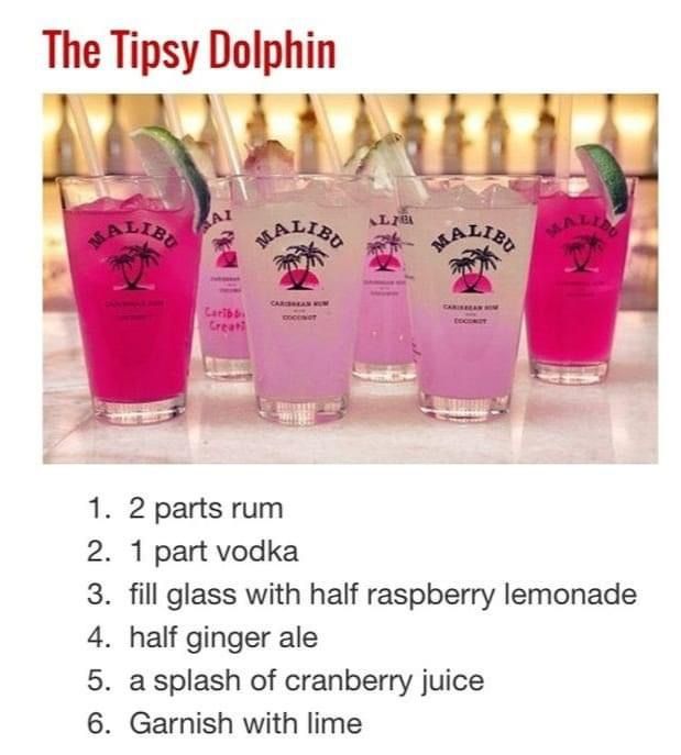 the tipsy dolphin cocktail recipe is shown in three glasses with pink liquid