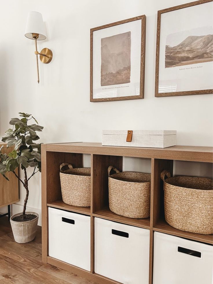 a living room filled with furniture and baskets