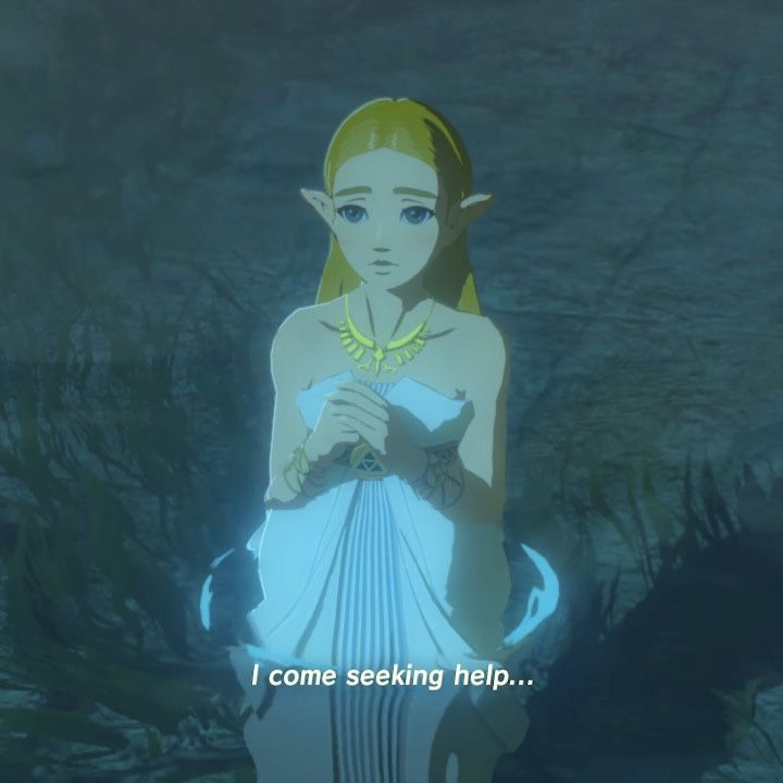 the legend of zelda is standing in front of a cave with her hand on her chest