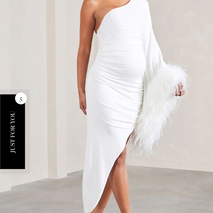 White, One Shoulder, Fur Trimmed Maternity Dress Chic Fitted White Maternity Dress, Chic White Maternity Dress, Chic Midi Maternity Dress For Party, Chic Maternity Party Dress, Midi Length, Chic Maternity Midi Dress For Party, Chic Fitted Maternity Dress For Party, Summer Party Maternity Dress Midi Length, Chic Summer Maternity Dress For Party, Chic Summer Maternity Party Dress