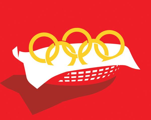 the olympic rings are on top of a hot dog in a paper wrapper, and it's red background