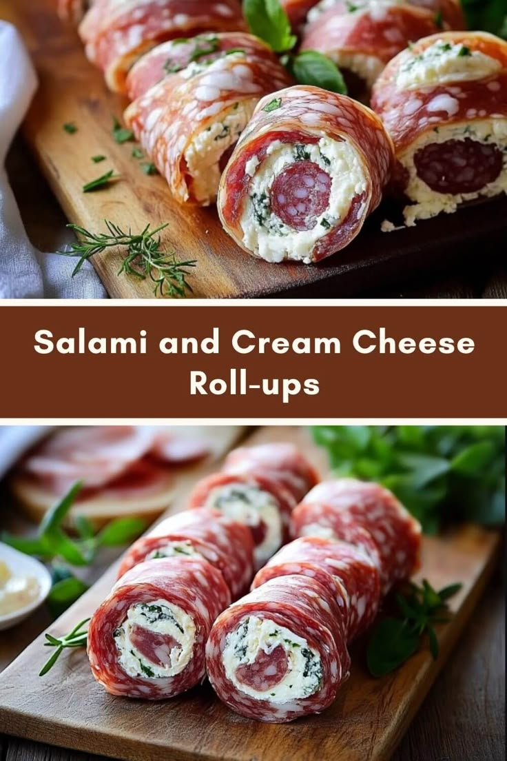 different types of appetizers are displayed on a cutting board with the words, salami and cream cheese roll - ups