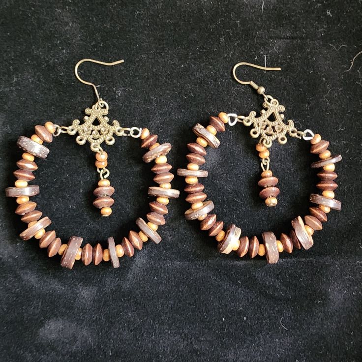 Wooden Beads With Bronze Tone Metal. Never Worn. In Excellent Condition. Beaded Hoop Earrings, Beaded Hoops, Wooden Beads, Beaded Jewelry, Hoop Earrings, Jewelry Earrings, Necklaces, Women Jewelry, Beads