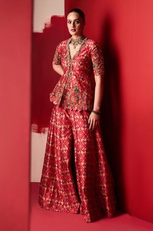 Shop for Ridhi Mehra Red Raw Silk Saadirah Printed Peplum Top And Sharara Set for Women Online at Aza Fashions Silk Sharara, Ridhi Mehra, Printed Peplum Top, Embroidered Crop Tops, Sharara Set, Print Chiffon, Embroidered Silk, Ethnic Wear, Raw Silk