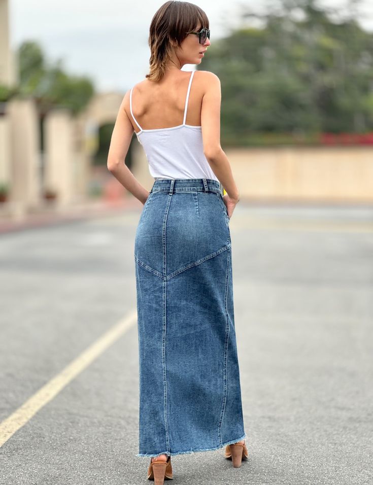 Details of old, made new. Beautiful waist/button detail, with pieced Premium denim construction, the Pieced Denim Maxi Skirt from Wash Lab is a must-own classic. The model is 5'7" wearing size 25 Fabric: 95% Cotton 4% Polyester 1% Spandex Length: 39.25" from waist Fitted Denim Skirt In Dark Wash, Fitted Dark Wash Denim Skirt, Fitted Washed Blue Bottoms In Recycled Denim, Fitted Washed Blue Recycled Denim Bottoms, Fitted Recycled Denim Bottoms In Washed Blue, Denim Skirt In Medium Wash, High Rise Washed Blue Denim Skirt, High Rise Washed Denim Skirt, Casual Recycled Denim Skirt For Spring