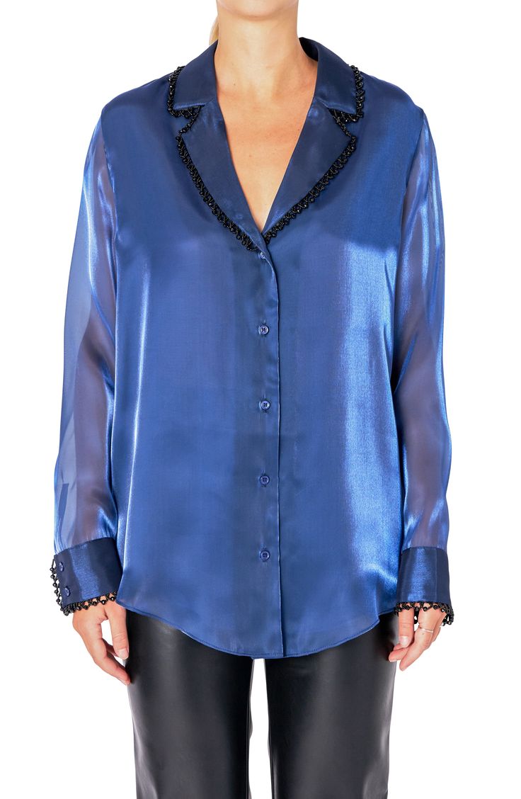 This night-out satin shirt is elevated with lapel-trimmed beading and sheer organza sleeves. Front button closure Notched collar Long sleeves Lined 100% polyester Hand wash, dry flat Imported Organza Sleeves, Beaded Collar, Organza Fabric, Satin Shirt, Beaded Trim, Notched Collar, Navy Color, Summer Wardrobe, Shirt Sleeves